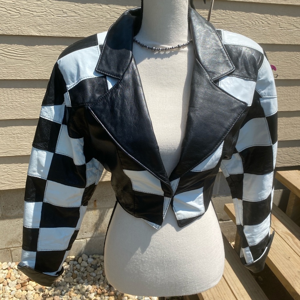 80s Vintage Black and White Checkered Women's Leather Cropped Jacket Sz small